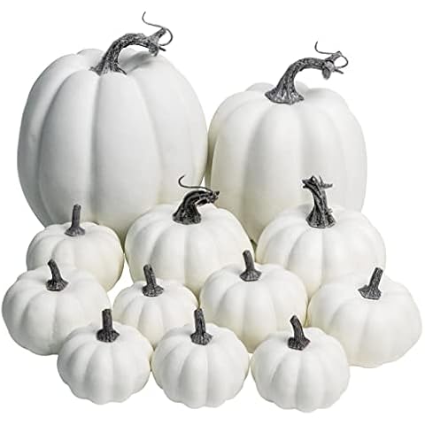 WangLaap 12 Pcs Assorted White Artificial Pumpkins Set Fake Paintable Pumpkins Bulk Decoration for Fall Halloween Holiday Home Decor (White 12Pcs) Cover