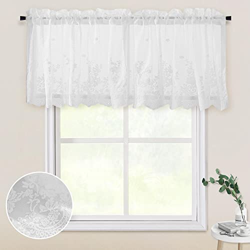 Wubodti White Lace Valances Curtains For Bathroom Bedroom Windows 24 Inch Length, Vintage Sheer Cafe Curtains Short Floral Embroidered Kitchen Window Valance For Living Room Dining Room Closet #TOP6