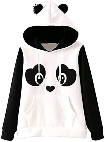 Womens Colorblock Hoodies Panda Printed Fleece Sweatshirt Pullover Tops Hooded Outfits (S, White)
