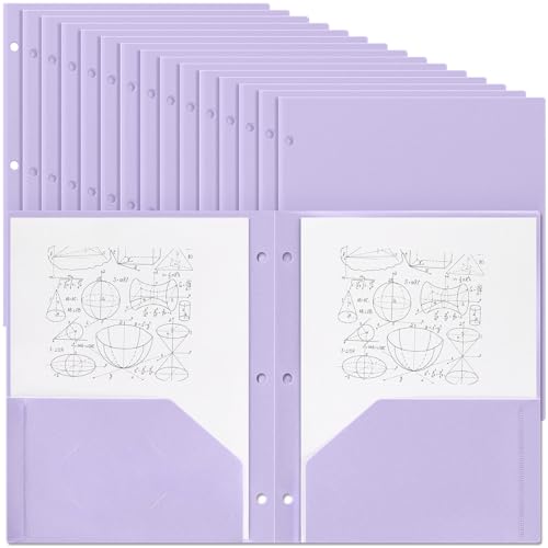 Yeaqee 50 Pcs Plastic Folders with Pockets Bulk 3 Hole Punched 2 Pocket File Folders for 3 Ring Binder Divider Folder for Notebooks, Durable Poly for Office Home (Light Purple)