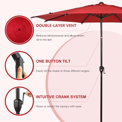 Image of Abba Patio 9FT Lyon Outdoor Patio Umbrella Outdoor Table Umbrella with Push Button Tilt and Crank Market Umbrella 8 Sturdy Ribs UV Protection Waterproof for Garden Deck Backyard Pool Dark Red