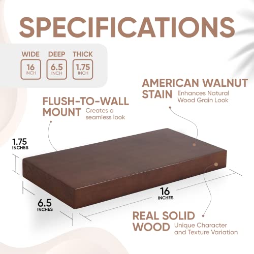 Homeforia Rustic Farmhouse Floating Shelves - Bathroom Wooden Shelves For Wall Mounted - Thick Industrial Kitchen Wood Shelf - 16 X 6.5 X 1.75 Inch - Set Of 2 - American Walnut Color #TOP2