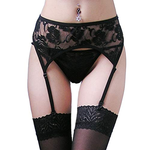 Vicsec Garter Belt & Stockings Sets Women Lace Suspenders Bowknot Decor Pantyhose For Thigh Highs With 4 Straps Double Layers Lace, Black #TOP2