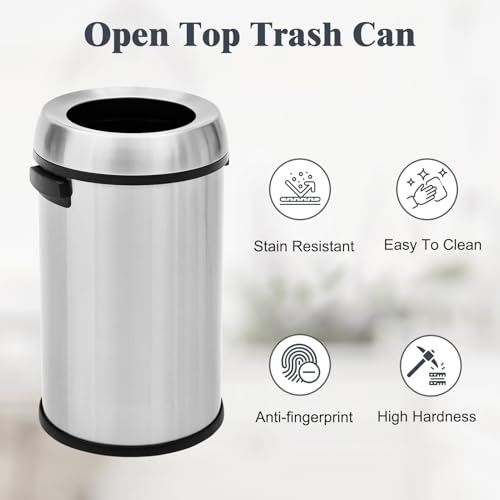 Image of 17 Gallon /65 Liter Round Open Top Trash Can, Commercial Grade Heavy Gauge Trash Bin, Stainless Steel Garbage Can, Perfect for Kitchen, Office, School, Restaurant, Silver