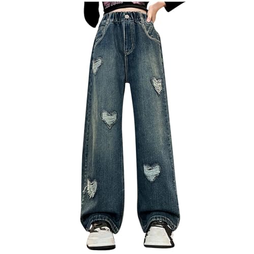Girls Love Ripped Jeans Straight Leg Denim Pants High Waisted Baggy Boyfriend Jeans with Pockets