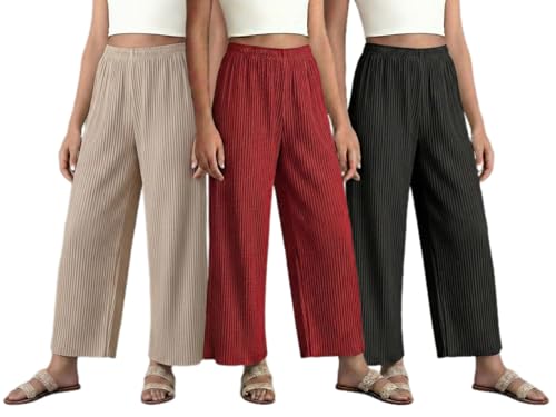 Image of Set of Combo Trouser and Pants for Girls and Women's Relaxed Fit Stretchable Regular Fit Palazzos Lightweight Elastic Waistband Bottoms for Daliy Office & Casual Wear