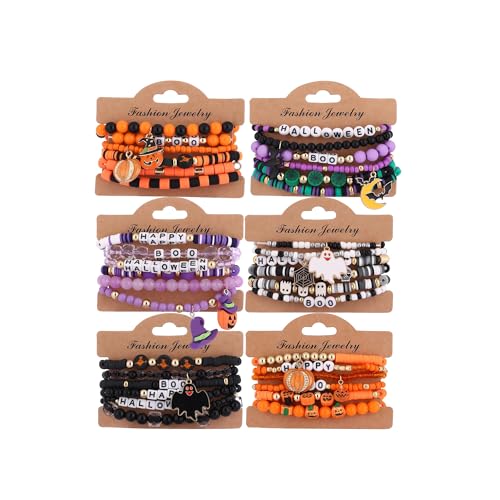 36Pcs Halloween Bracelets for Women Halloween Beads for Bracelets Set Stackable Bracelet Halloween Jewelry Pumpkin Spider Ghost Charms Bracelets BOO Happy Halloween Stretch Bracelets Set Holiday Gift
