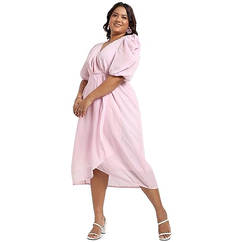 Image of Instafab Plus Women's Baby Pink Petal Hem Dress for Casual Wear | Puff Sleeve | Polyester Fabric | V-Neck Dress Crafted with Comfort Fit for Everyday Wear