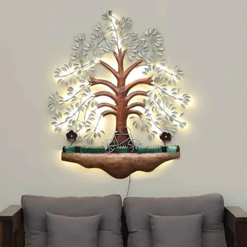 Image of Bharat Art Metal LED Tree Wall Art | Handcrafted Iron Tree Wall Hanging for Living Room, Bedroom, Hall & Office Pesto Tree White B, 31 x 2 x 40 Inch | WD056 (B)