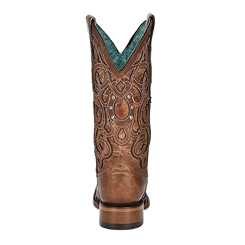 Corral Ladies Ld Brown Horseshoe Overlay & Embroidery & Crystals Sq. Toe, Square Toe, Leather Sole, 11" Shaft, Cowhide Leather, Western Boot, Brown Z5136 Size 6.53