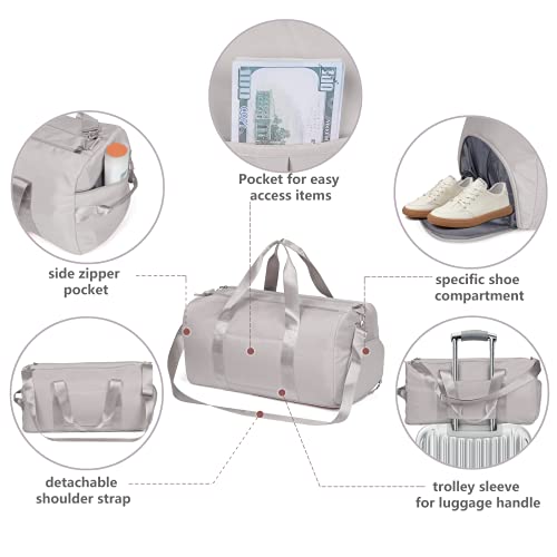 Image of Duffle Bag For Women, Sports Duffel Bag for Gym with Wet Pocket & Shoe Compartment, Overnight Weekender Travel Bag, light grey, medium
