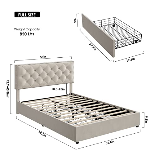 Hostack Full Size Bed Frame With 4 Storage Drawers, Modern Upholstered Platform Bed With Adjustable Headboard,Button Tufted Bed Frame With Wood Slat Support,No Box Spring Needed(Beige, Full) #TOP1