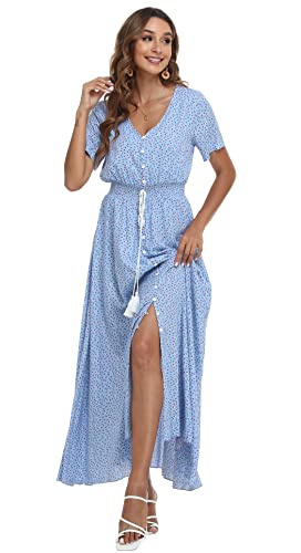 Image of VintageClothing Women's Floral Maxi Dresses Boho Button Up Split Summer Casual Long Dress Beach Party Dress