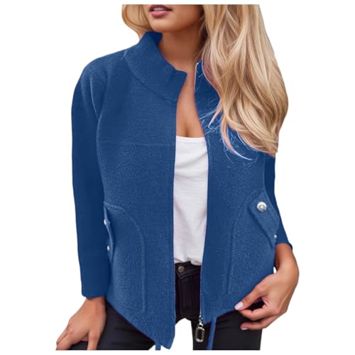 Abrigo informal femenino de temporada con solapa escotada manga larga y cinturón decorativo para un estilo elegante (Blue, XXXL) #198