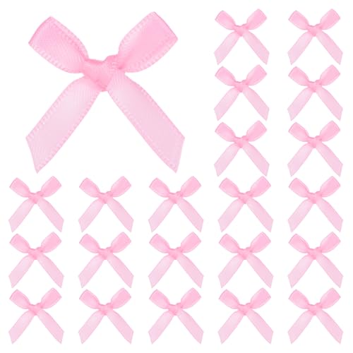 M METERXITY 100-Pack Mini Craft Ribbon Bow,1x1.6 Inch Checkered Fabric Satin Ribbon Bows Boutique for Craft DIY/Treat Bags/Hair Bow Sewing/Wedding/Birthday/Party[Pink]