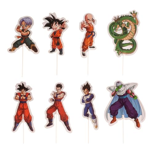dekora - Cake Toppers Dragon Ball 16 unités – Décoration cupcakes et gâteaux, papier apte au contact alimentaire, 8 designs avec Goku, Vegeta, Piccolo, Krilin, Trunks et Shenron