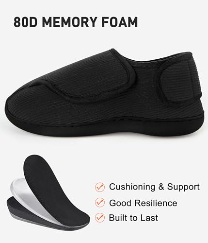 Forvevo Mens Slippers Size 9, Wide Fit Memory Foam Slippers, Fluffy Warm Comfy Fleece Non-Slip Diabetic Slipper For Arthritis Edema Swollen House (Black) - 4