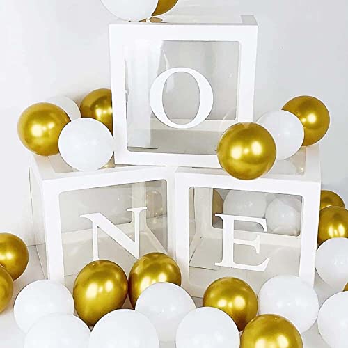 Trintion 3Pcs Balloon Boxes, First Birthday Decorations for Girls Boys, White Box With Letter One - Baby Shower, One Year Old Party Supplies