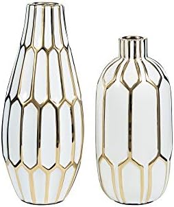 Signature Design by Ashley Mohsen Honeycomb Ceramic 2 Piece Bottle Neck Vase Set, White & Gold