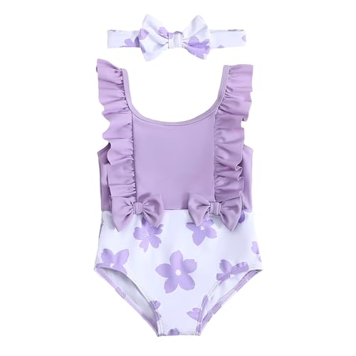YWFSHOP Toddler Baby Swimsuit Girl One Piece Bathing Suit Funny Pattern Color Block Ruffle Swimwear 12M-5T