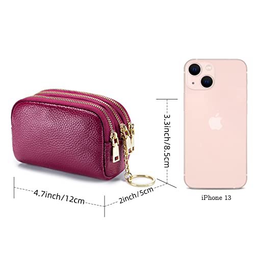 Linno 3 Zippered Genuine Leather Coin Purse Triple Capacity Change Pouch Little Travel Wallet With Key Ring For Women #TOP5