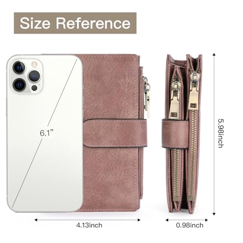 Image of GOIACII Womens Wallets RFID Blocking Leather Trifold Clutch Wallet Credit Card Holder Ladies Purse 3 ID Windows Pink