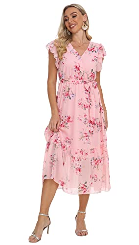 Image of VintageClothing Womens Sundress Casual Floral Summer Boho Dress | Flowy Wrap V Neck Ruffle A-Line Pleated Hem Midi Dresses