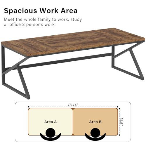 Image of HSH Large Rustic Brown Computer Desk, 78 Inch Extra Long Metal Wood Desk for Home Office, Two Person Executive Writing Study Gaming Desk Table, Bedroom Living Room PC Laptop Dual Monitor Desk