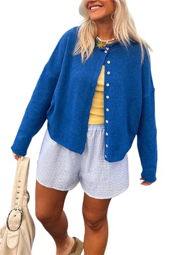 Women's Solid Color Fuzzy Knit Cardigan Long Sleeve Round Neck Sweaters Front Button Closure Rolled Hem Kniwear