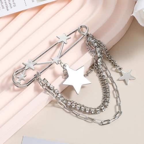 Image of Mabor Silver Star Brooch Pins for Women Star Tassel Chain Brooch Collar Pin | Vintage Bling Crystal Sweater Shawl Clips Punk Collar Chain Brooches for Women Girls Jacket Clothing