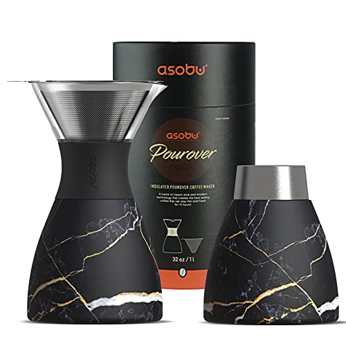 asobu Insulated Pour Over Coffee Maker (32 oz.) Double-Wall Vacuum, Stainless-Steel Filter and Take on the Go Carafe (Midnight Marble)