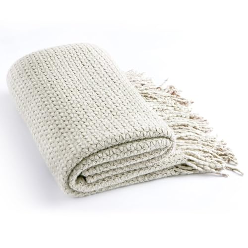 BLAGIC, Gestrickte Kuscheldecke, Grau-Weiß mit Quasten, Wohndecke, Auch als Schultertuch oder Schal, Leicht, weich, gemütlich… – Ansicht 6