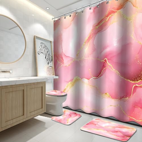 Lnond 4Pcs Bathroom Sets with Shower Curtain and Rugs, Pink