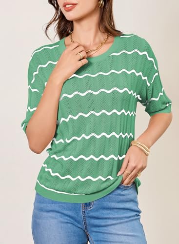 Image of EVALESS Womens Short Sleeve Sweaters Spring Summer Crochet Knit Tops Crewneck Striped T Shirts Casual Blouses for Women