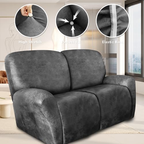 Image of ANARACHON Loveseat Recliner Cover Leather Look Recliner Loveseat Covers Recliner Sofa Cover for 2 Seater Reclining Couch Spandex Fabric Washable 6 Pieces (2 Seater, 02 Light Grey)