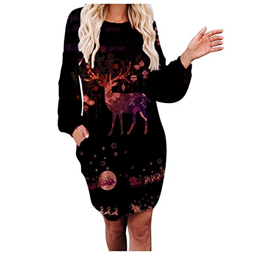 Preisvergleich Produktbild QiFei Damenmode Weihnachtstasche Hip Pocket Print Rundhals-ModekleidWeihnachten Weihnachtsmann Fest Langarm Pullover mit Rentier lockerer Druck Weihnachtshemd Blusen