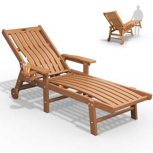 THOEOE Patio Chaise Lounge Chair Oversized Lounge Chair Outdoor with 5 Positions 78 Long HDPE Patio Lounge Chair with Wheels & Cup Holder for Pool Deck Poolside Wood