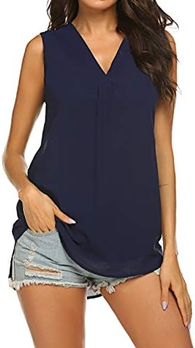 Halife Womens Blouses for Work Office Chiffon Blouse Sleeveless V Neck Tank Tops Navy Blue S