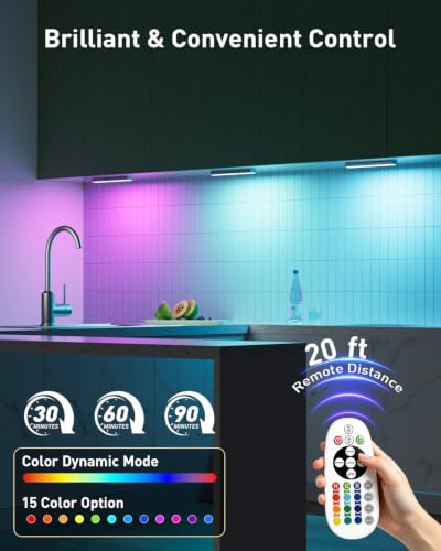 Image of Under Cabinet Light Wireless with Remote, 15 Color RGB Magnetic Led Light Bar, 48-LED Rechargeable Closet Lights, 3 Timer & 4 Modes, Stick on Lights for Kitchen, Pantry, Bedroom, Stairs