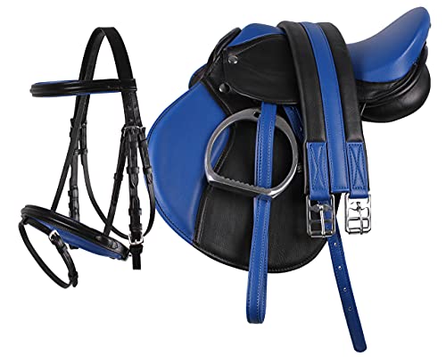 Set de silla de montar para poni QHP de piel (sintética) cincha y estribos de 33,02 cm + bocado combinado., negro / azul, 13 pulgadas