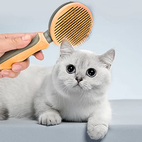 lanzoub ペットブラシ 猫ブラシ 犬用ブラシ 痛くない 【ワンプッシュで毛を除去】 ペット ブラシ 犬猫汎用 長毛 短毛 マッサージブラシ くし セルフクリーニング スリッカーブラシ 毛取り 抜け毛取り 抜け毛クリーナー 丸洗い可能 皮膚に優しい 犬猫兼用 種用 (橙色)