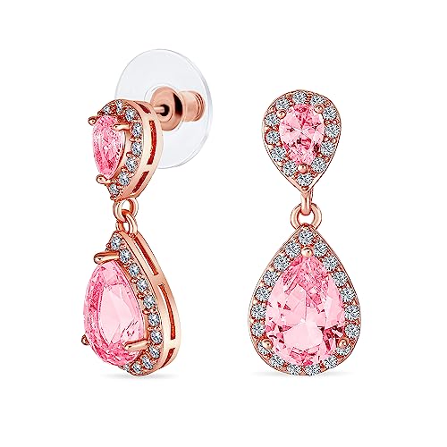Image of Bridal Pave Halo Dangle Teardrop Cubic Zirconia Pink AAA CZ Drop Earrings For Wedding Women Prom Teen Rose Gold Plated Brass