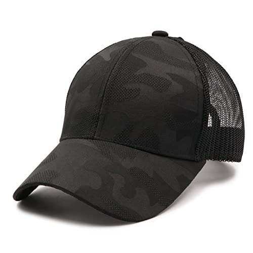 Promindfun Womens Ponytail High Messy Bun Hats Distressed Baseball Caps Unconstructed Washed Dad Hat Girls Trucker Ponycaps (0002-Camo Fabric Black) #TOP2