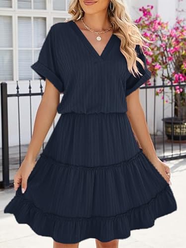 Image of PerZeal Women's Casual V Neck Short Sleeve Tiered Dress Ruffle Hem A-Line Flowy Swing Midi Dresses