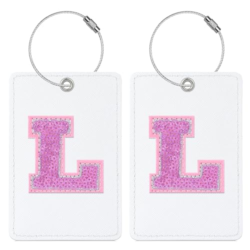 Sodsay 2 PCS Initial Luggage Tag, Luggage Tags for Suitcases Cute Sequin Letter PU Leather Travel Bag Baggage Tags ID Label with Steel Loops for Women Kids Teens(L, White Leather+Hot Pink Letter)