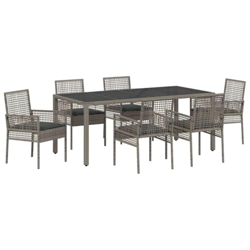 vidaXL Grey Poly Rattan Dining Set - Outdoor 7-Piece Tempered Glass Table & Chairs - UV/Weather Resistant Garden/Patio Furniture