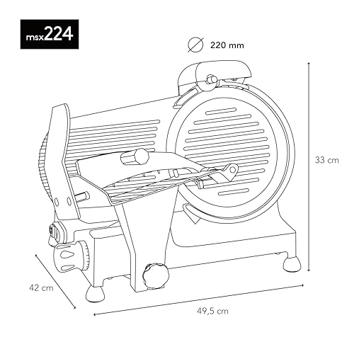 H.Koenig Elektrischer Aufschnittmaschine MSX224, professionell, präzise, Schnittstärke 0-12 mm, italienische Klinge 20 cm, integrierter Messerschärfer, breite Platte, 282 U/min, rot