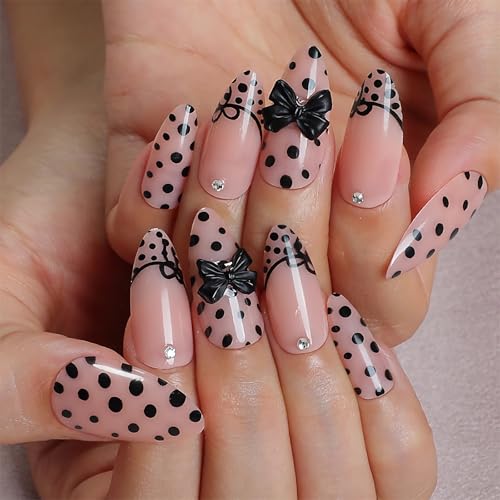 MERVF Almond Press on Nails Medium, Polka Dot French Tip Fake Nails Black Bow Glue ons Acrylic Nail 3D Cute Design Manicure Glossy 24pcs