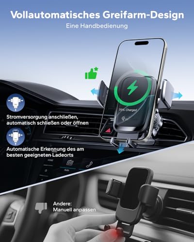 KPON 15W Qi Handyhalterung Auto mit Ladefunktion, Induktive Ladestation Auto mit Sauger & Clip, Automatische Klemmung Kfz Wireless Charger für iPhone 17/16/15/14/13, Samsung (Ohne Zigarettenanzünder)