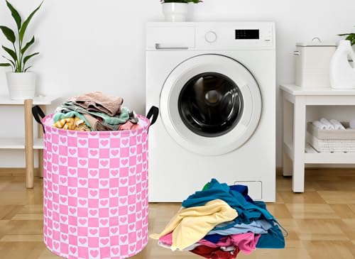 Image of 19.7 inch Round Kids Laundry Basket Gift Baskets Storage Laundry Hamper Toys Nursery Bin with Handles,Storage Basket for Childrens Room Bedroom Decor (Pink Heart)